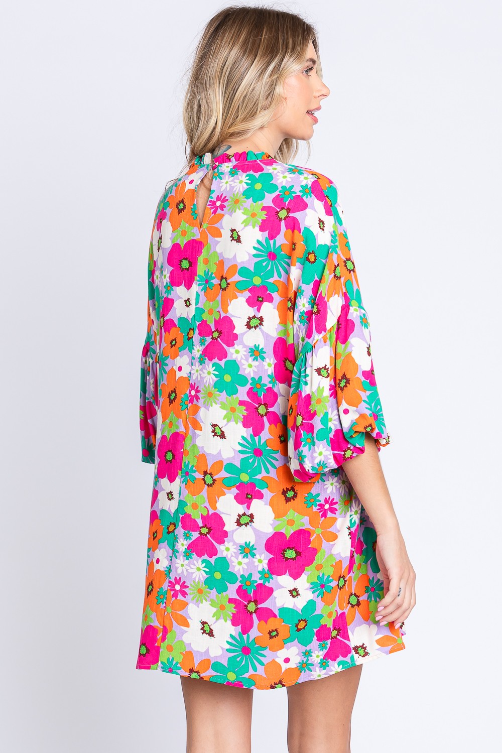 Full Size Floral Round Neck Lantern Sleeve Mini Dress