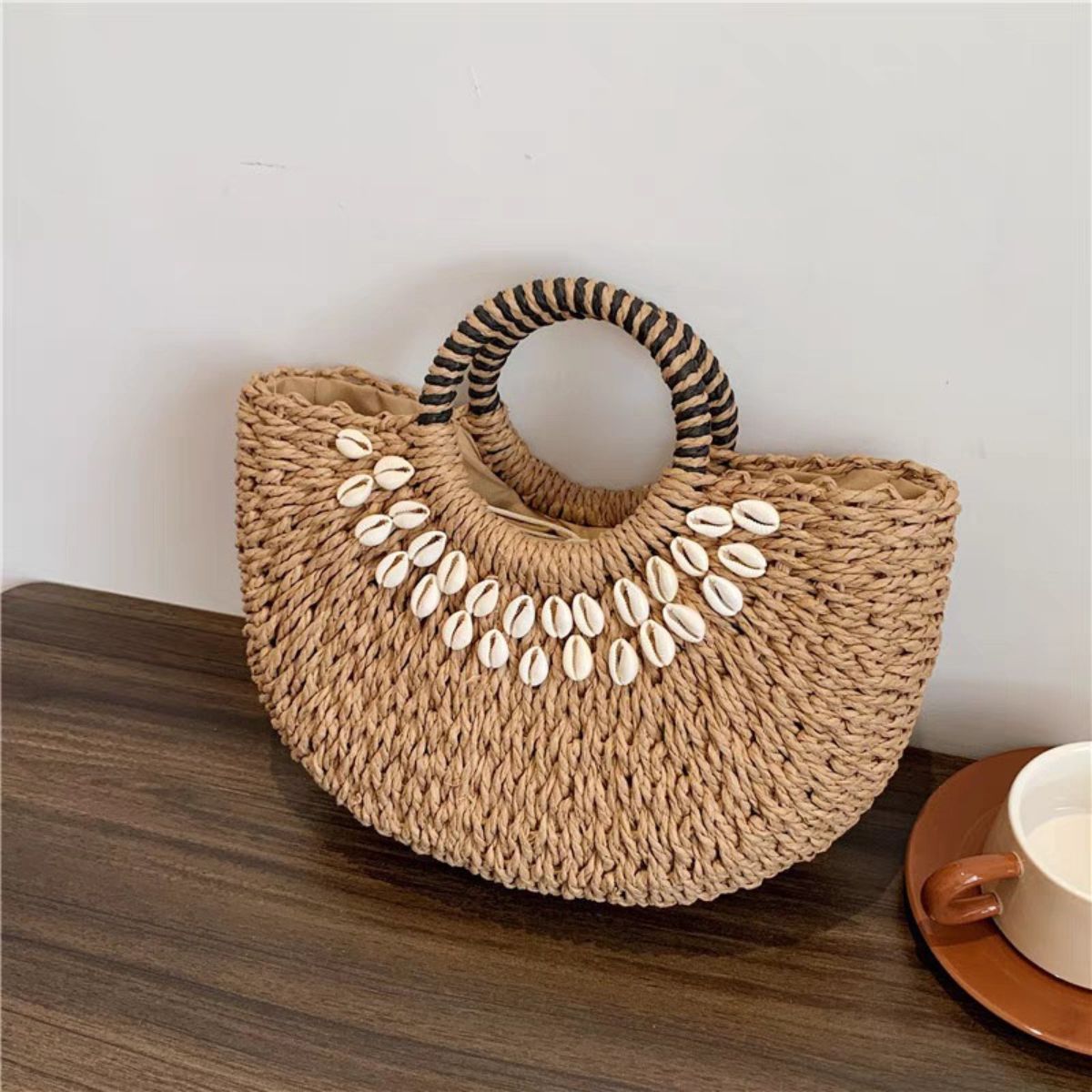 Seashell-Embellished Woven Straw Handbag