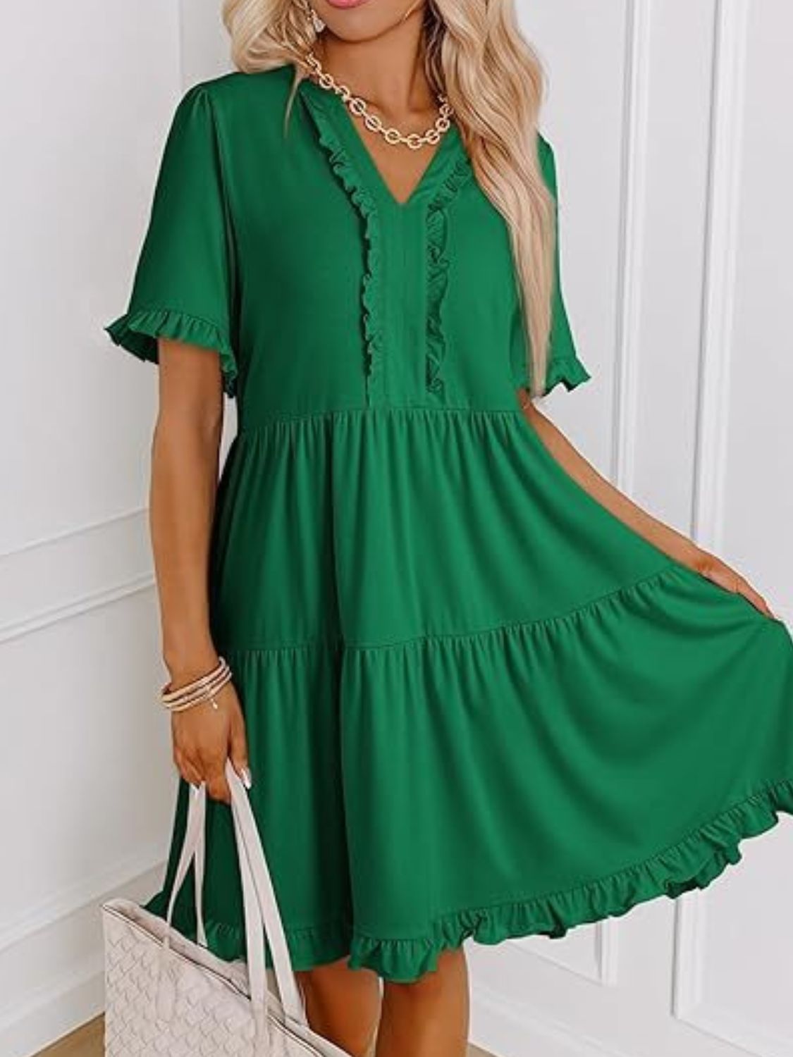 Tiered Notched Short Sleeve Mini Dress