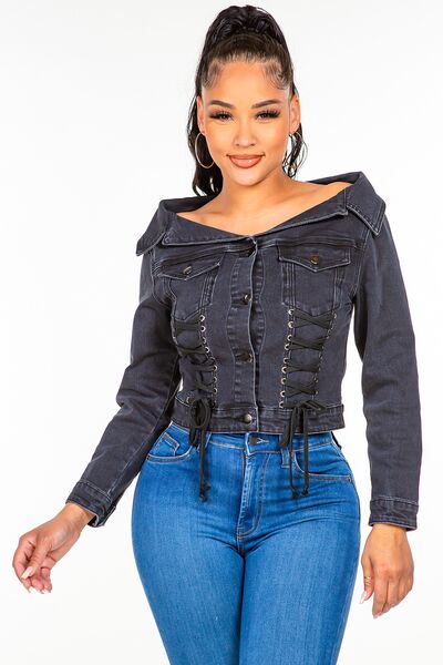 【美品✨】AMERI POWER SHOULDER DENIM SET UP American Bazi Off Shoulder Lace Up Denim Jacket - Premium Quality