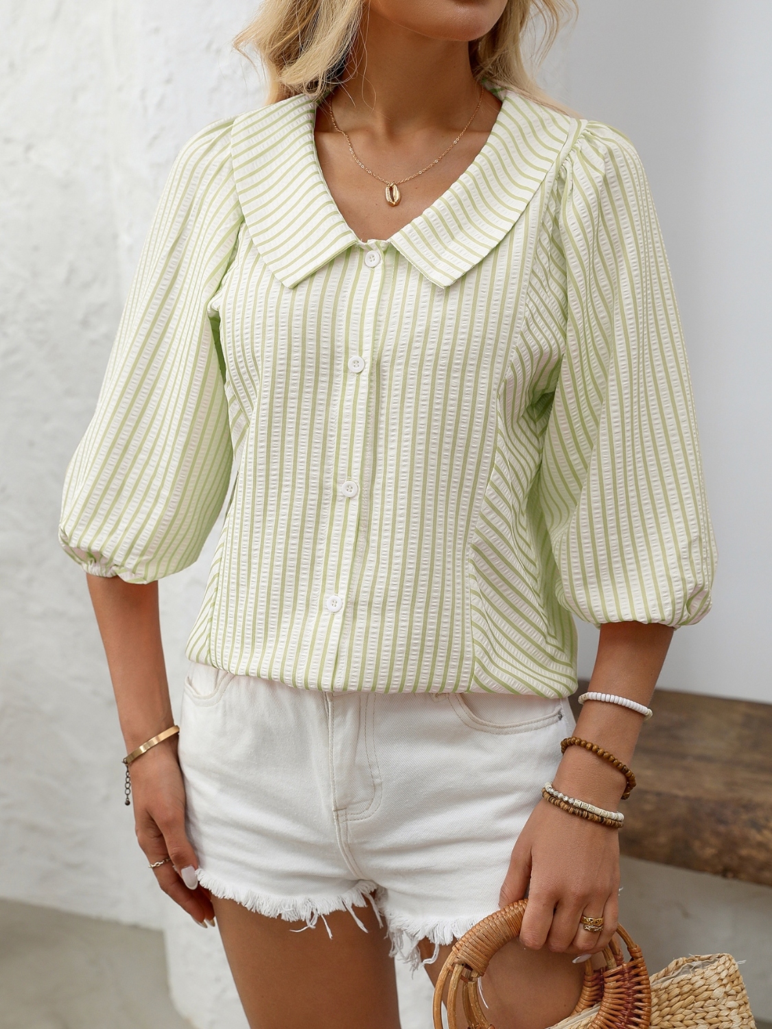 Striped Button Down 3/4 Sleeve Shirt
