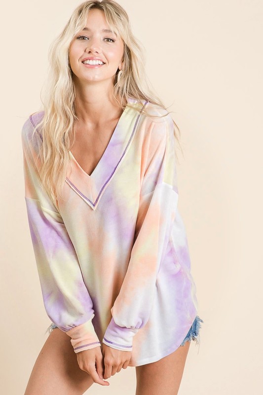 Tie Dye French Terry V-Neck Top with Puff Sleeves