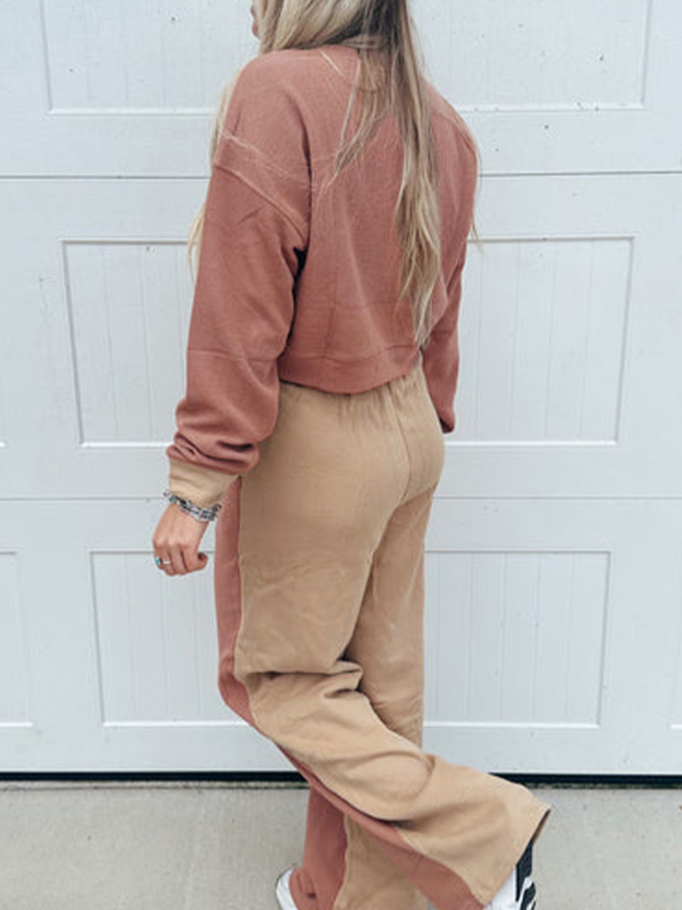 Color Block Long Sleeve Crop Top Drawstring Pant Set