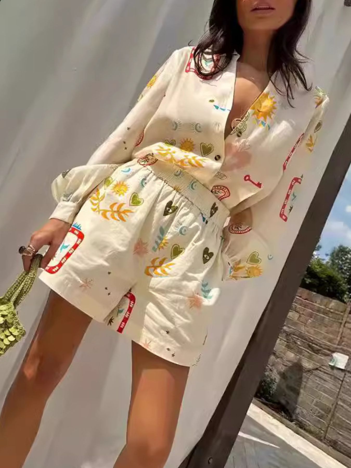 Printed Long Sleeve Shirt and Shorts Set