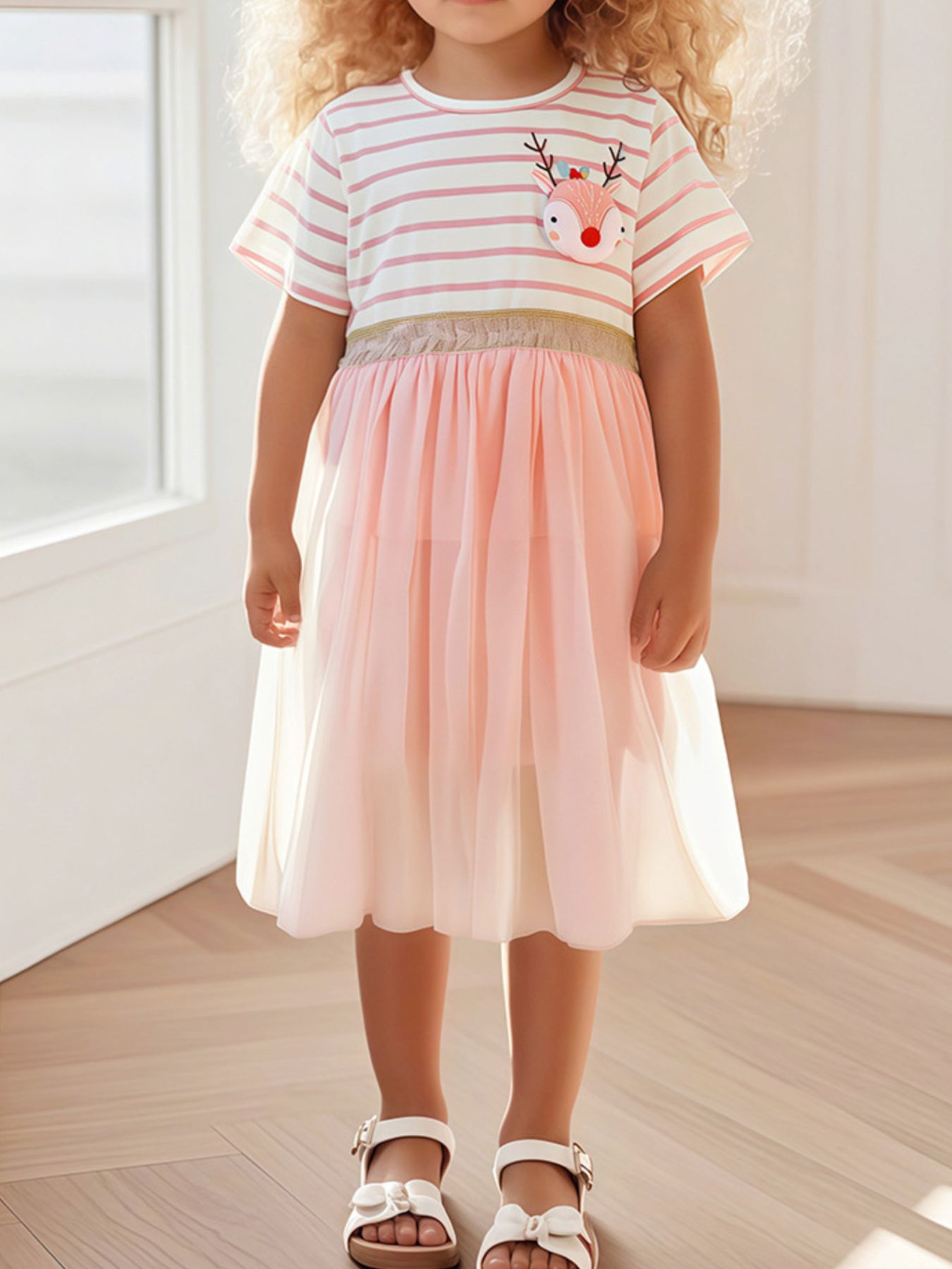 Children's Striped Tulle Dress with Reindeer Applique 1