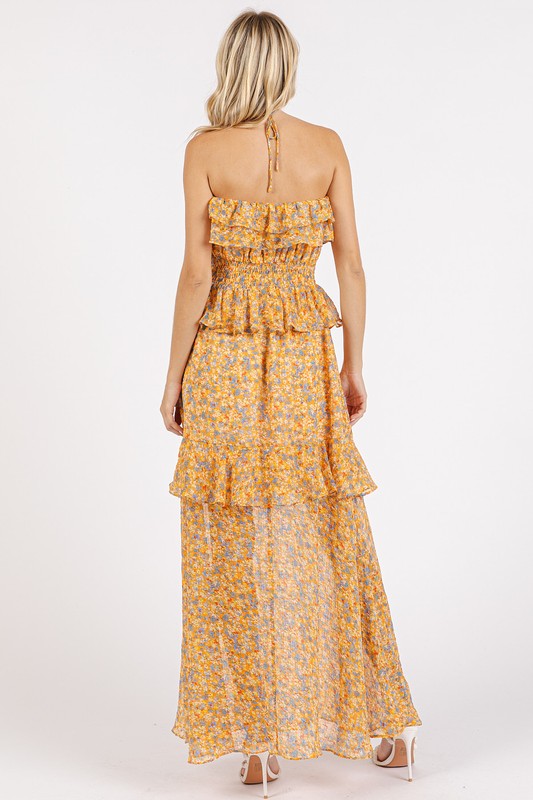 Ruffled Smocked Floral Halter Neck Maxi Dress