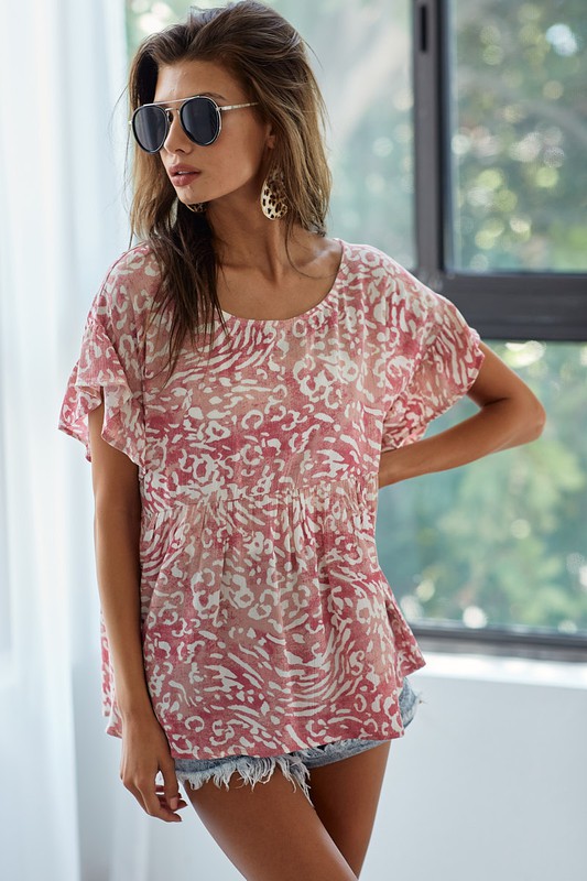 Leopard Print Gauze Woven Flutter Sleeve Blouse