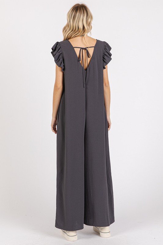 V-Neck Ruffled Cap Sleeve Wide Leg Jumpsuit