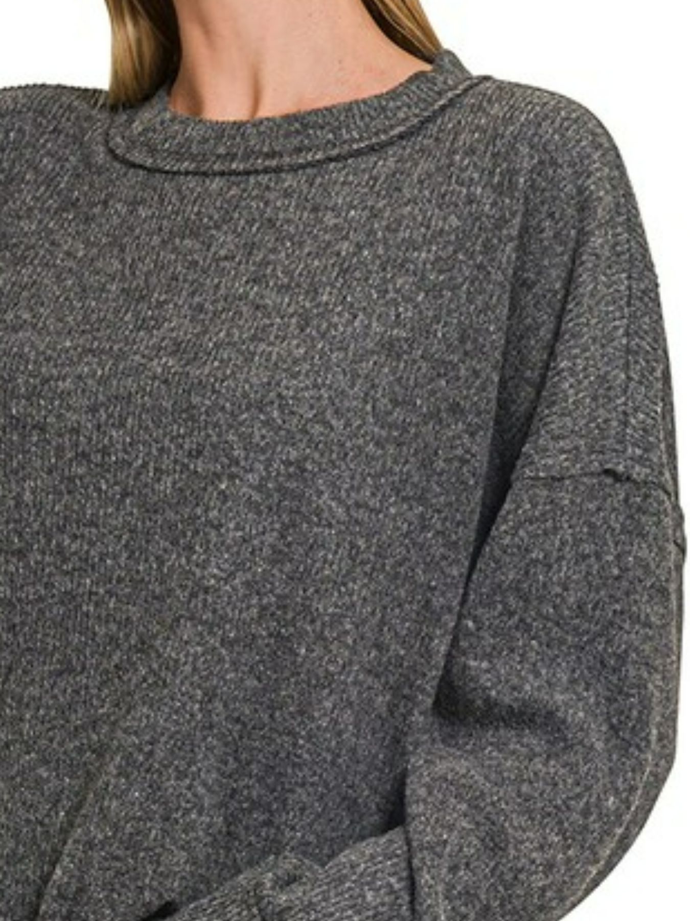 Full Size Brushed Ribbed Hacci Drop Shoulder Sweater Plus Size