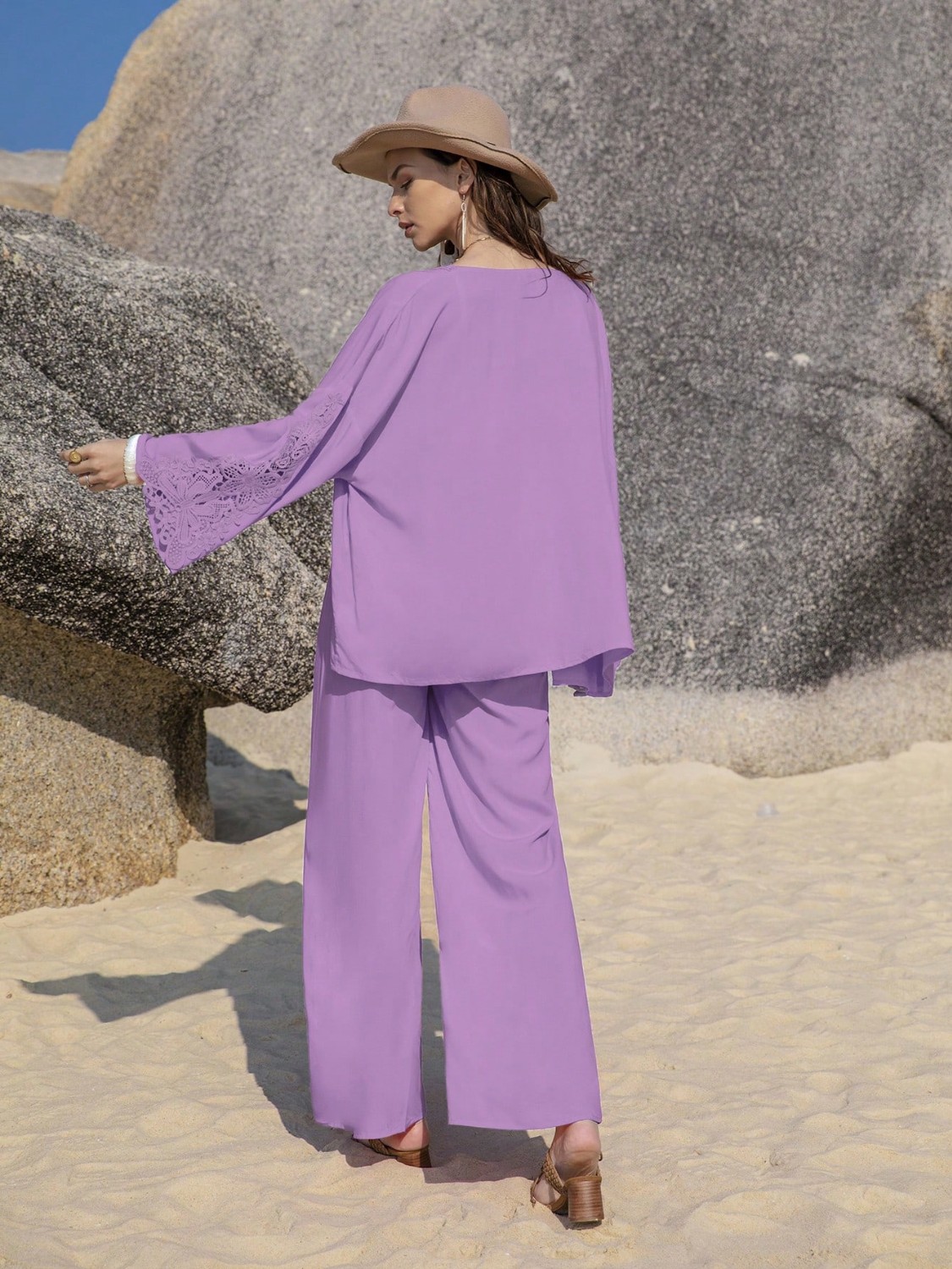 Lace Detail Open Front Cover Up and Pants Set