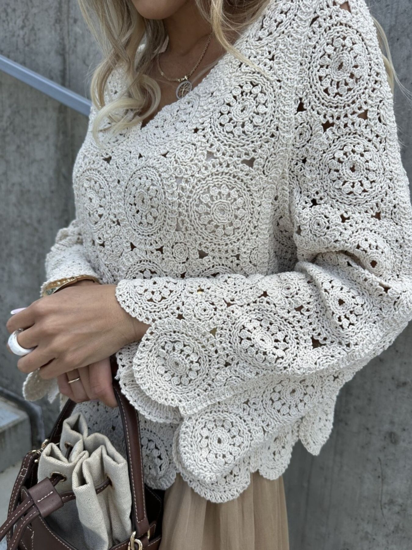 Crochet Lace V-Neck Bell Sleeve Knit Top