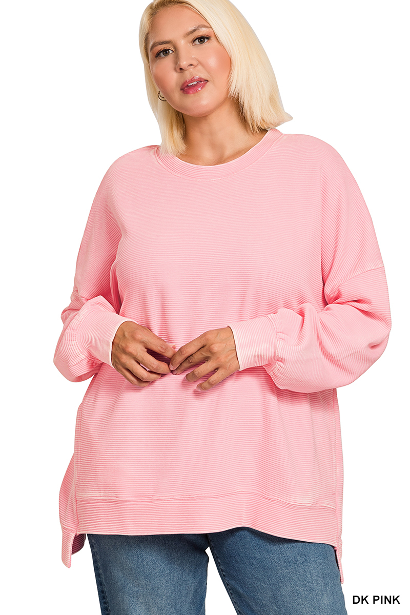Full Size Acid Washed Double Ribbed Hi-low Sweatshirt Plus Size