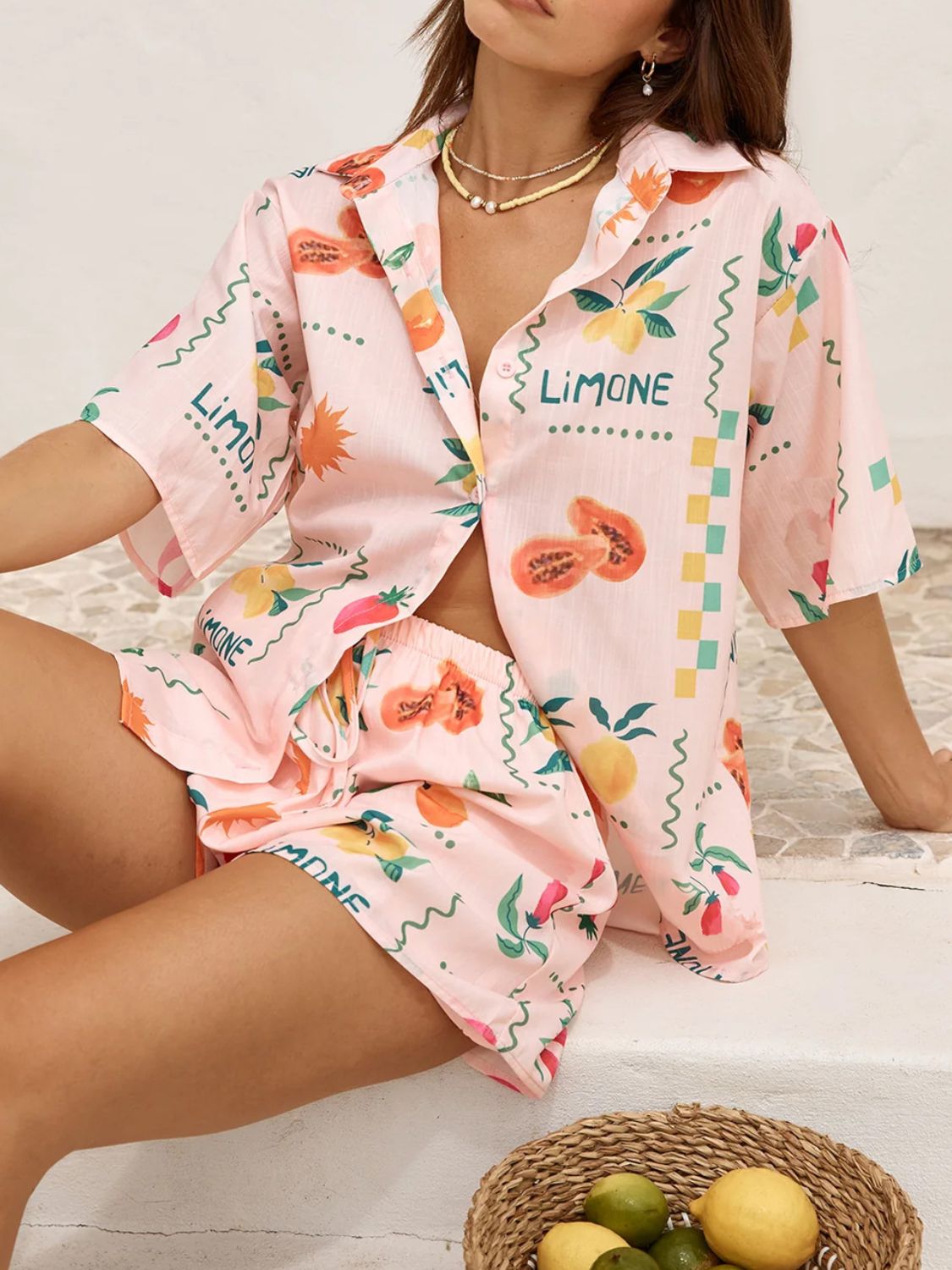 Printed Button Down Shirt and Shorts Set