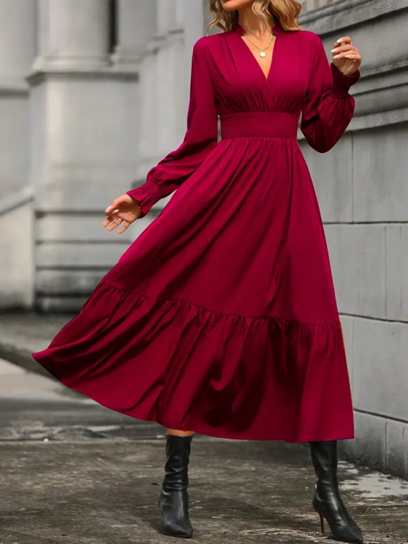 Surplice Long Sleeve Tiered Midi Dress
