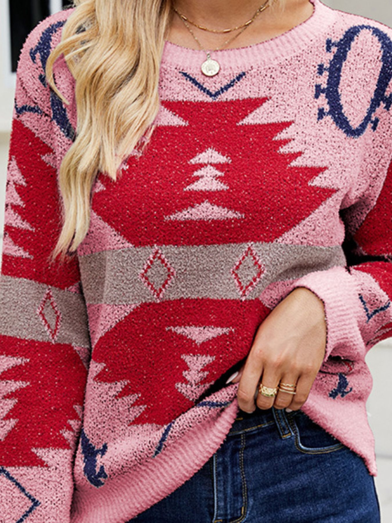 Geometric Round Neck Long Sleeve Sweater