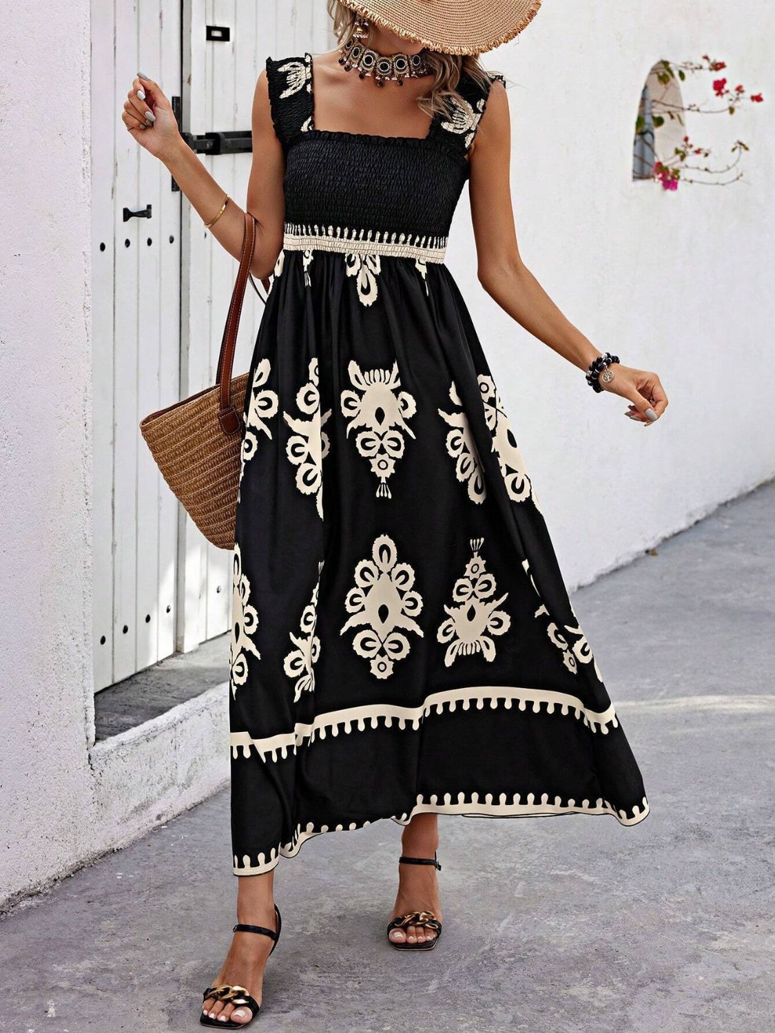 Smocked Printed Wide Strap Maxi Dress