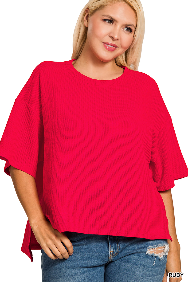 Full Size Double Knit Side Slits Hi Low Short Sleeve Top Plus Size