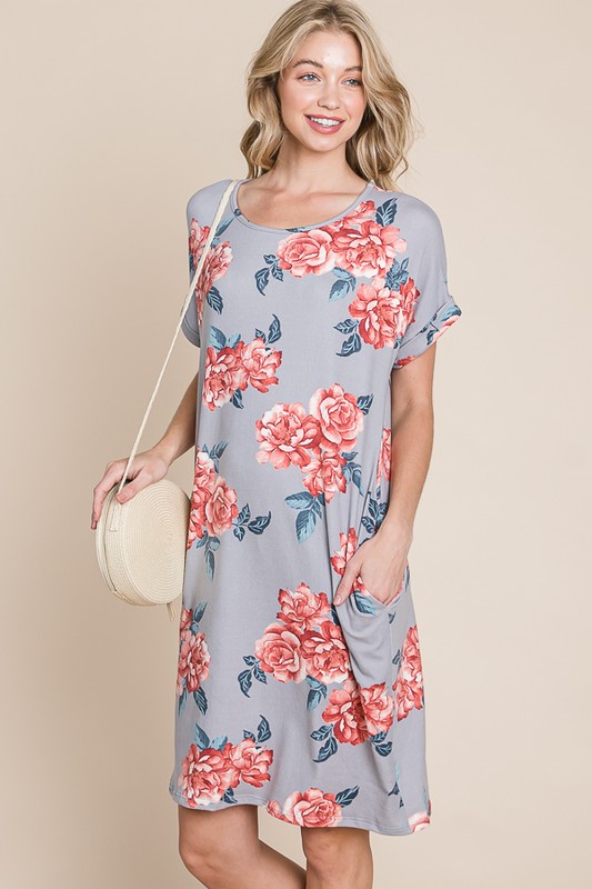 Floral Round Neck Short Tee Dress with Pockets