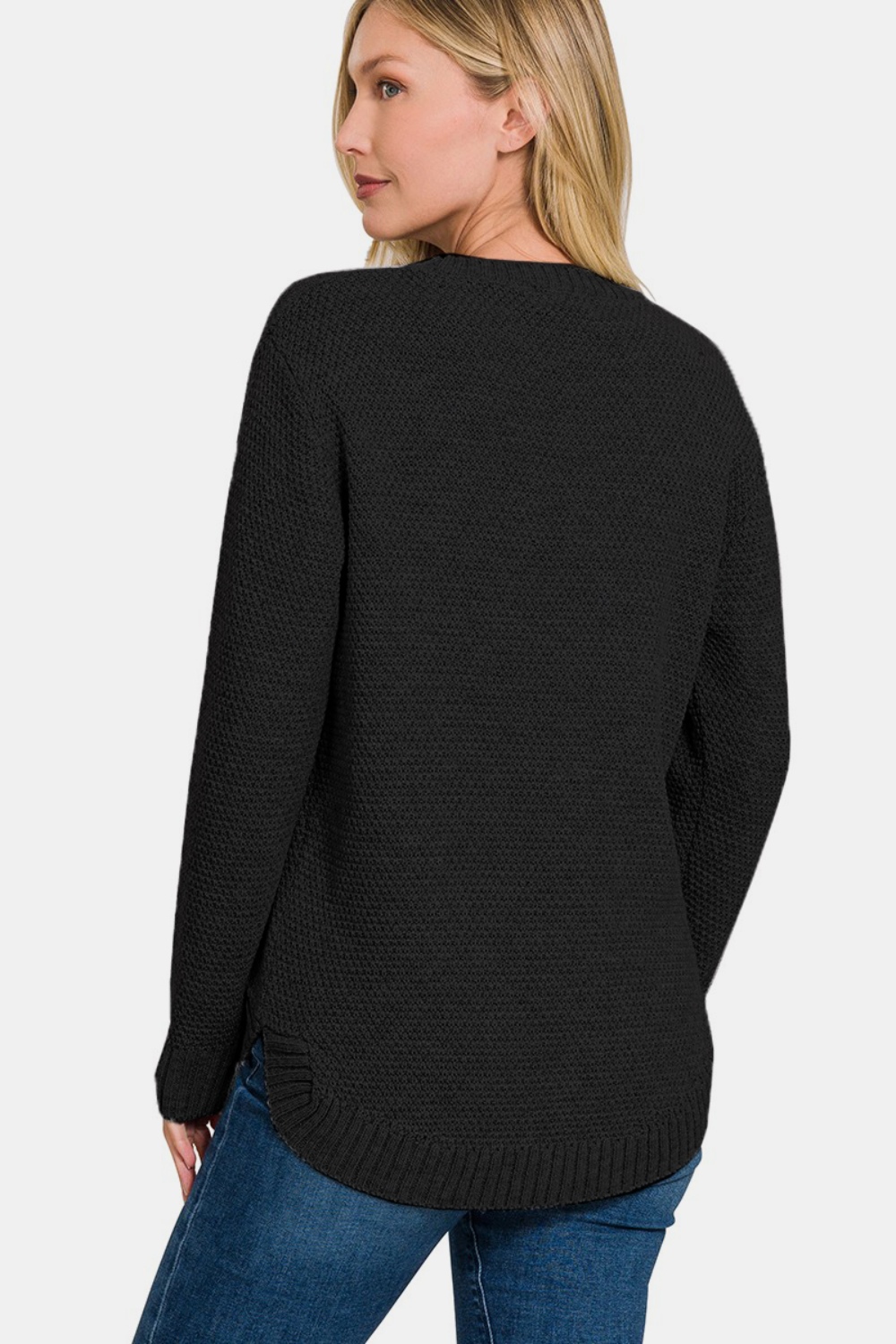 Full Size Round Neck Long Sleeve Curved Hem Sweater