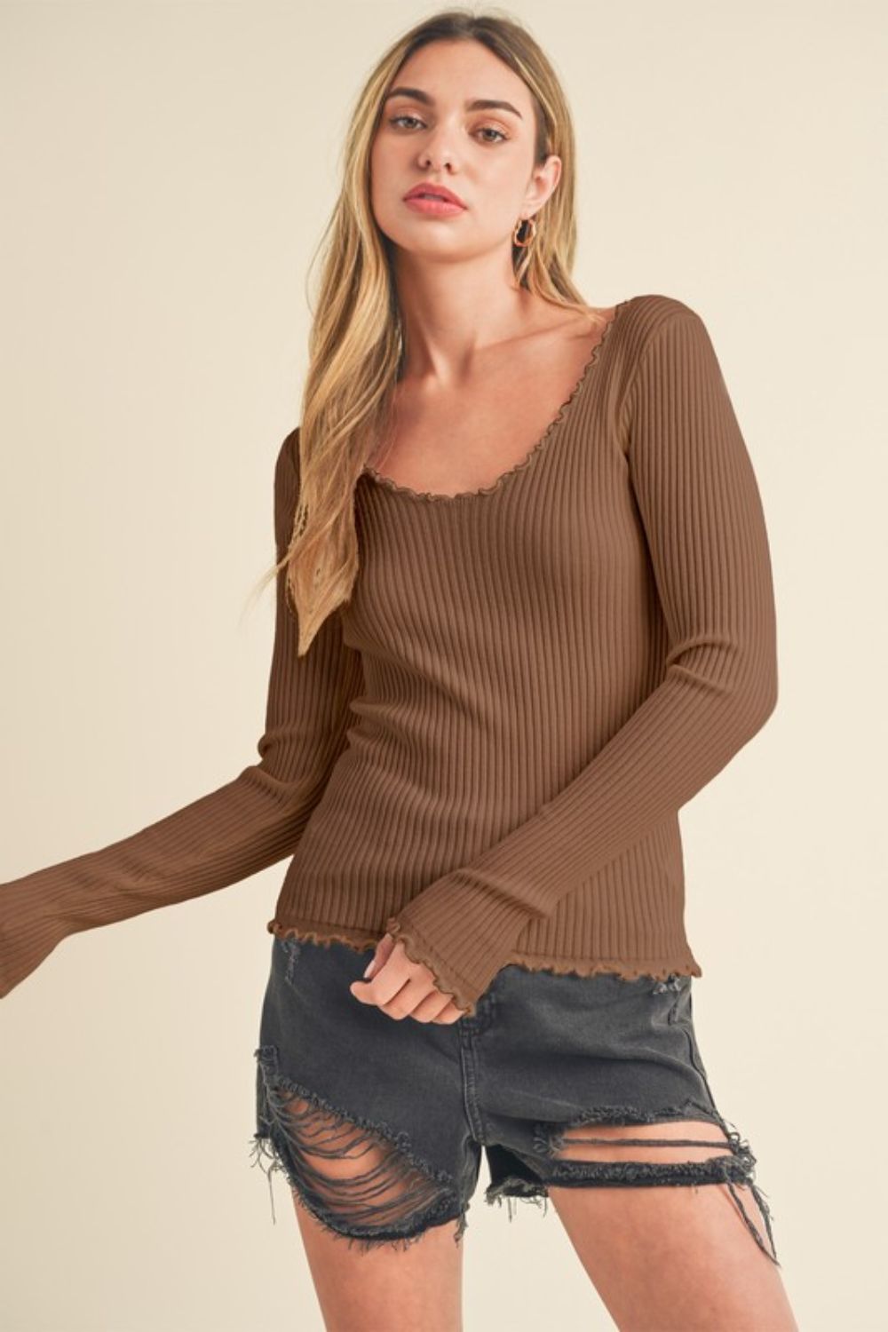Lettuce Hem Scoop Neck Long Sleeve Knit Top