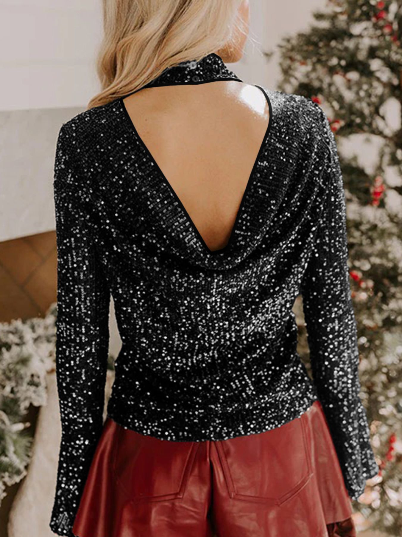 Sequin Mock Neck Drape Open Back Bell Sleeve Top