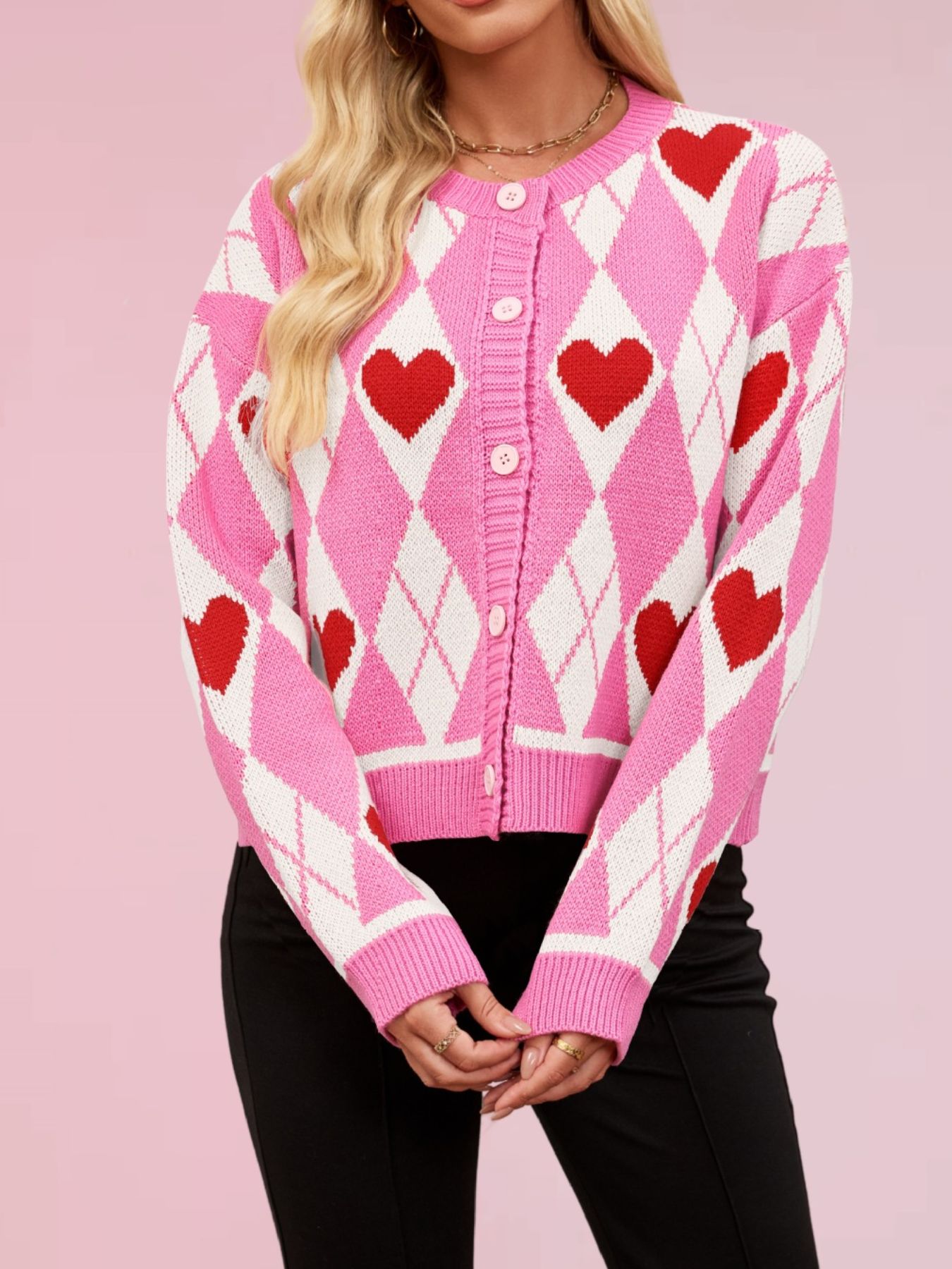 Heart Pattern Button-Up Cardigan