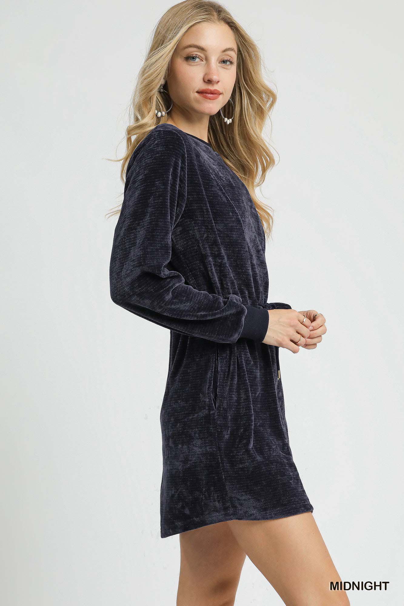 Umgee Velour Drawstring Mini Dress with Long Sleeves