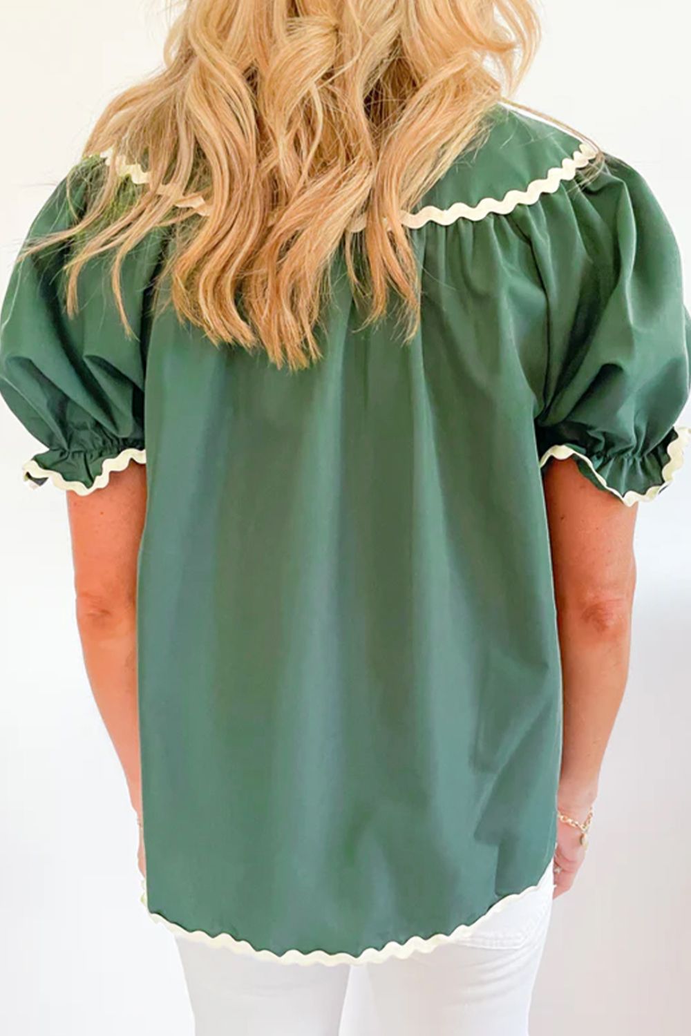 Ric Rac Trim Tie Neck Short Sleeve Blouse