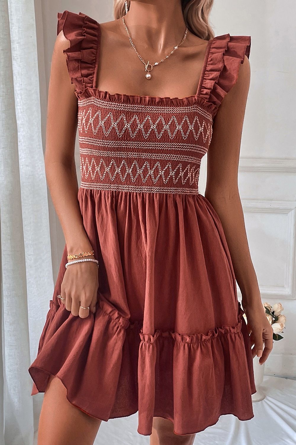Ruffled Smocked Cap Sleeve Mini Dress
