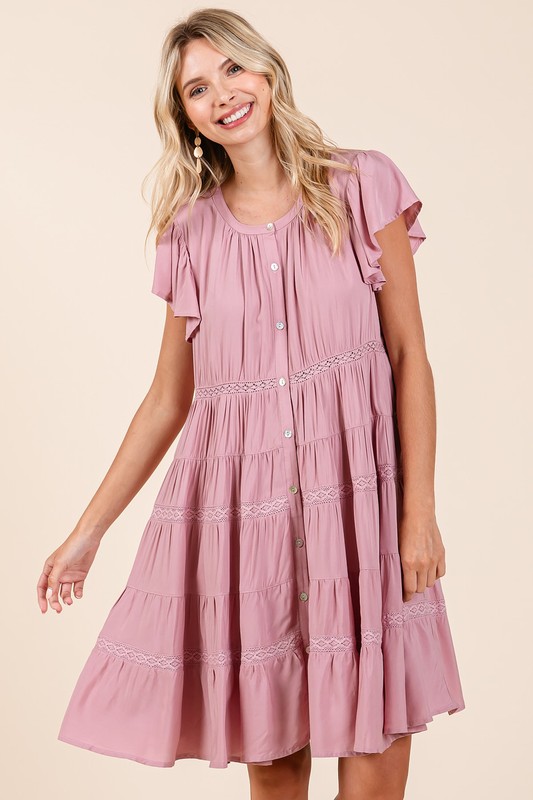 Lace Detail Ruffled Button Down Tiered Dress