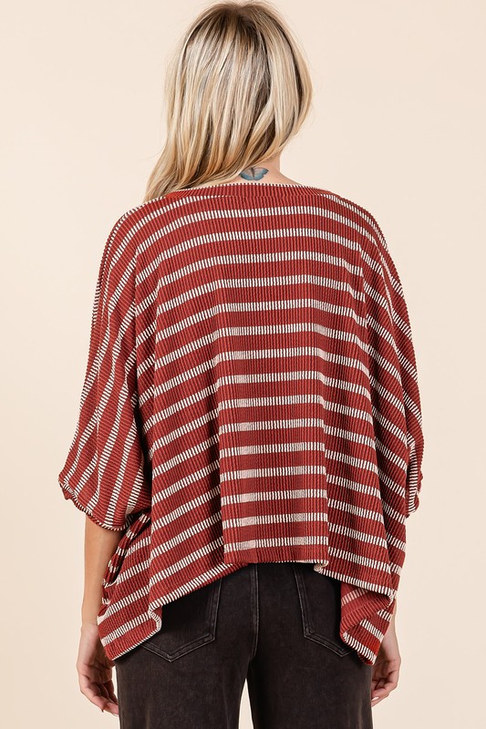 Texture Striped Print Round Neck Dolman Sleeve Top