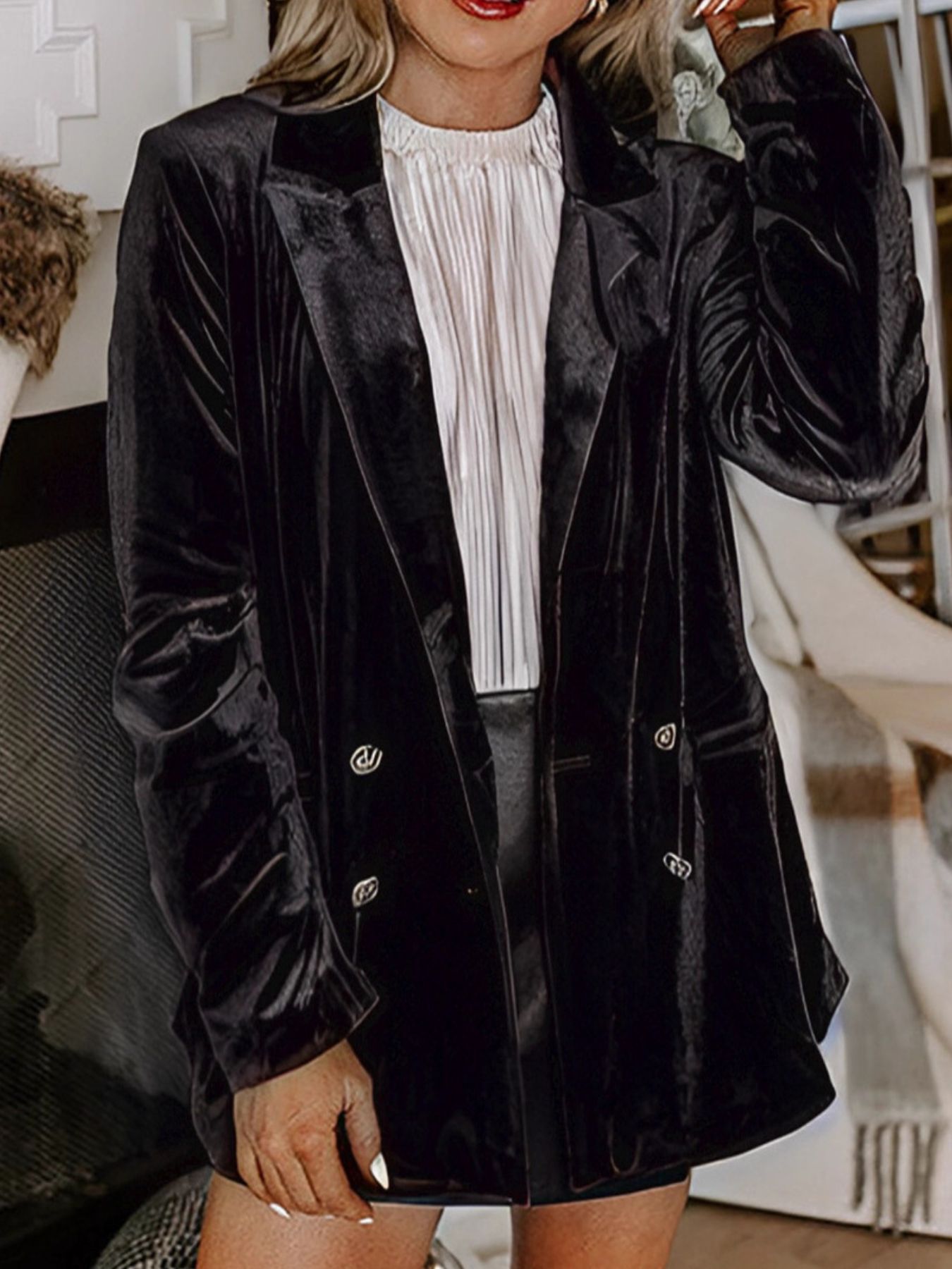 Velvet Lapel Collar Button Up Blazer