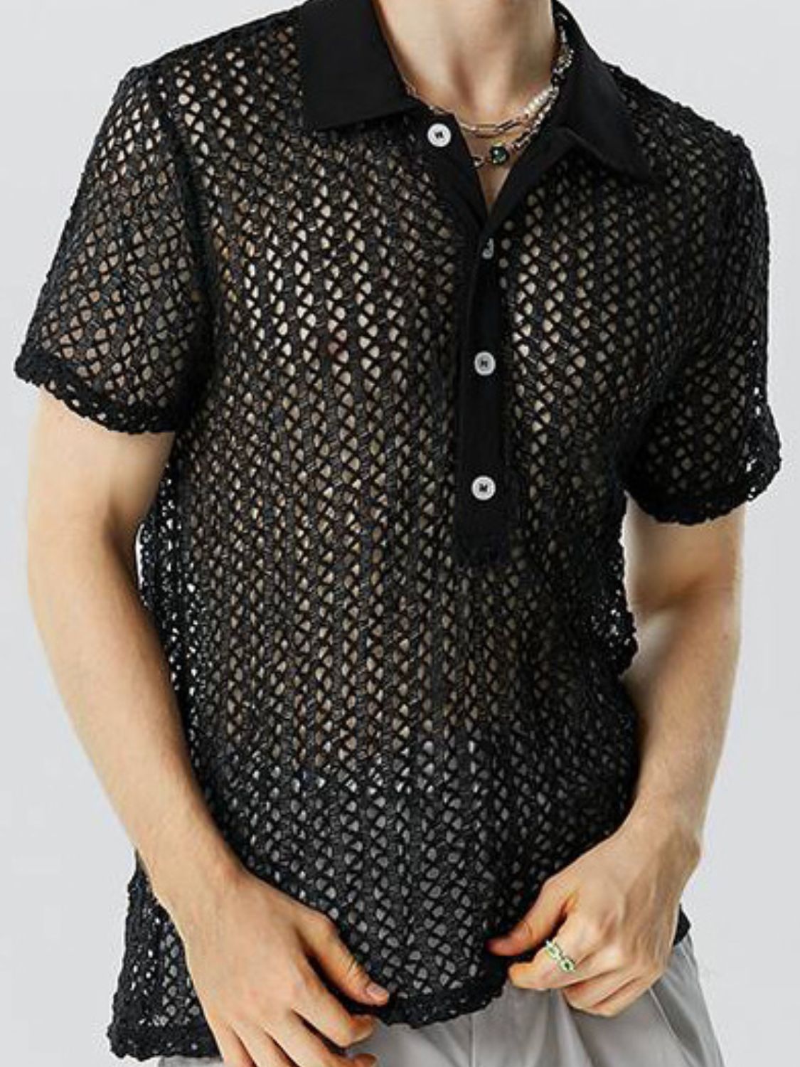 Men's Full Size Openwork Short Sleeve Polo Plus Size
