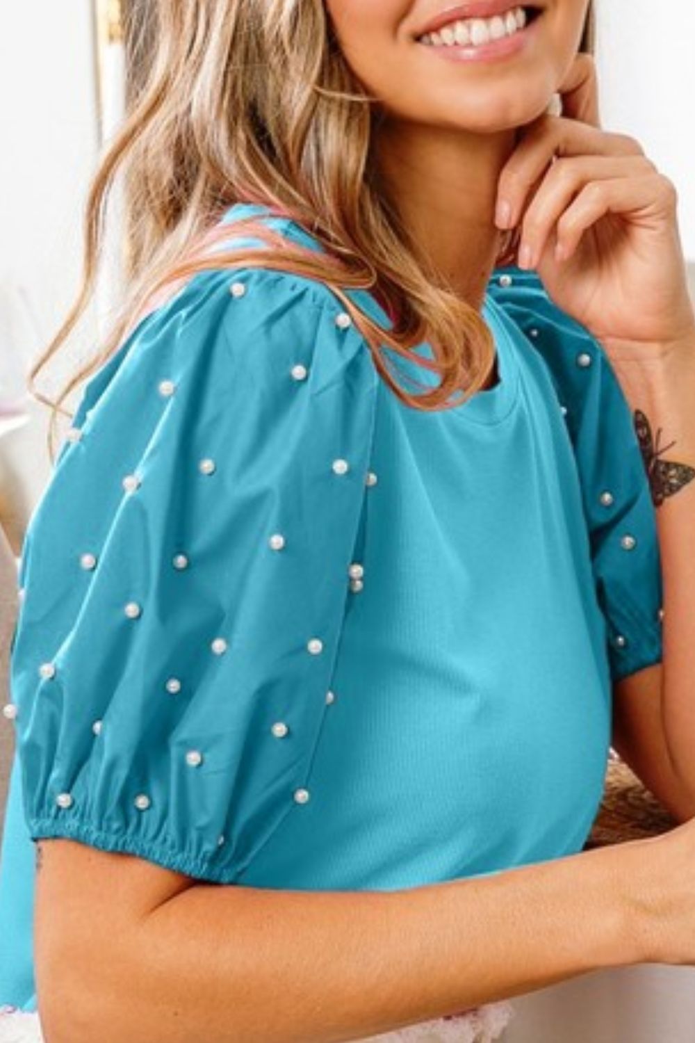 Pearl Beaded Short Puff Sleeve Top