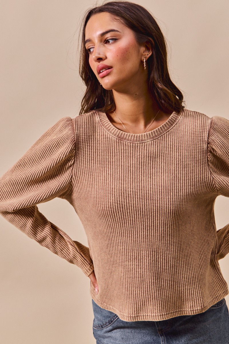 Mineral Washed Waffle Top With Puff Sleeves