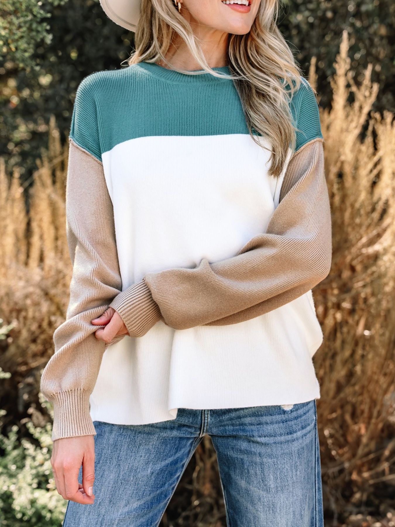 Color Block Plain Ribbed Knit Sweatshirt