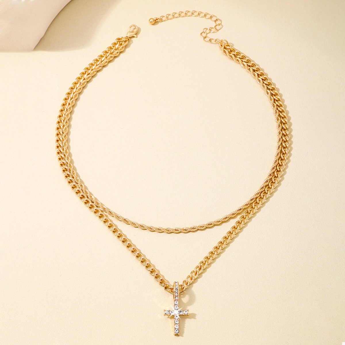 Layered Gold Chain Cross Pendant Necklace