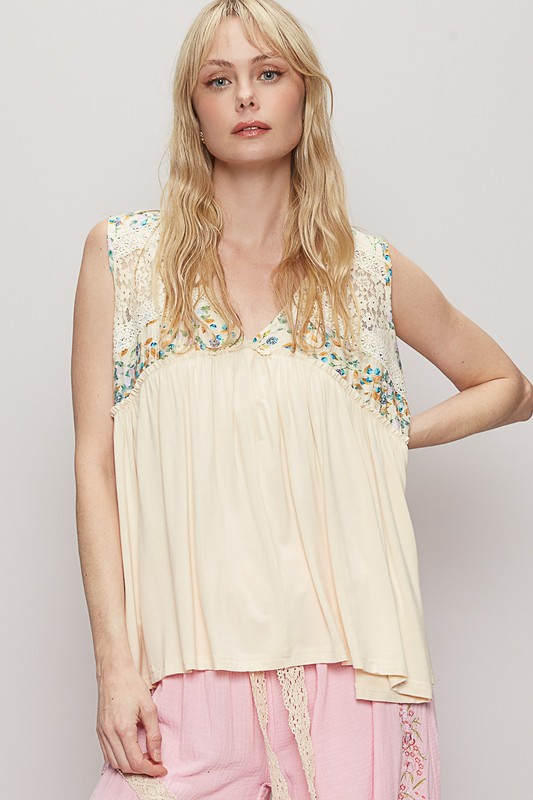 Lace Detail Frill Floral V-Neck Sleeveless Top
