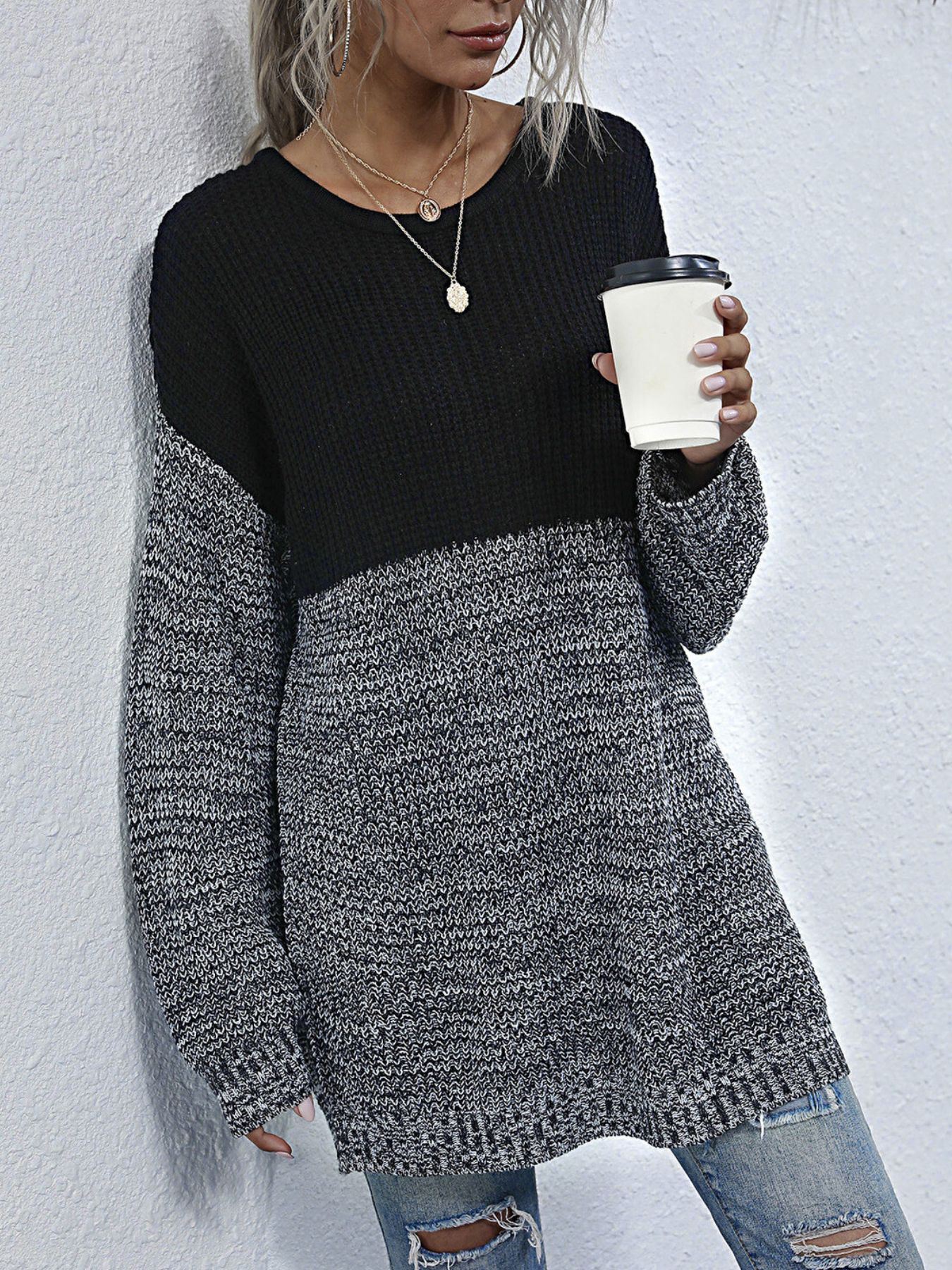 Color Block Long Sleeve Oversized Sweater