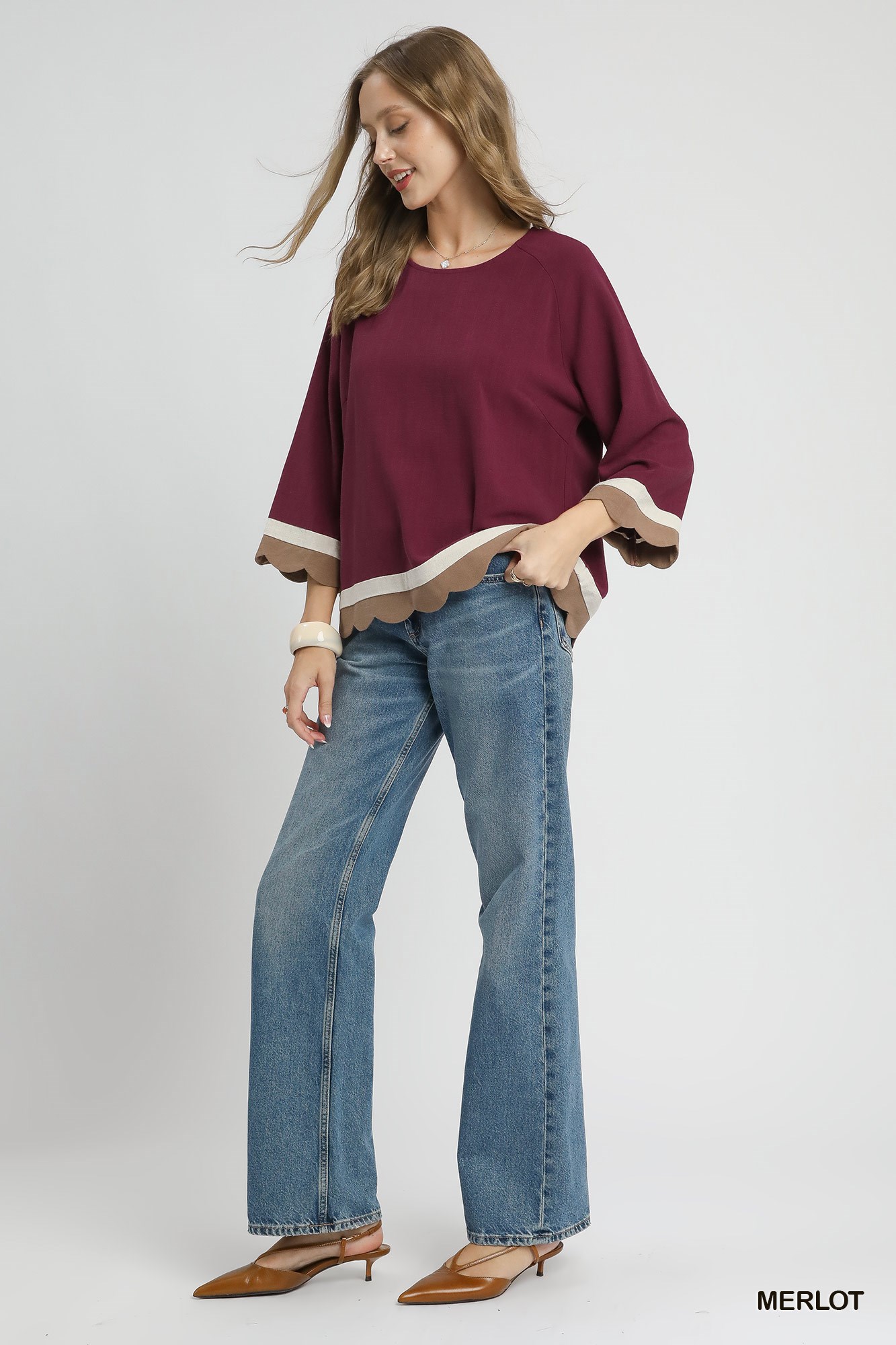 Umgee Scalloped Hem Color Block Top