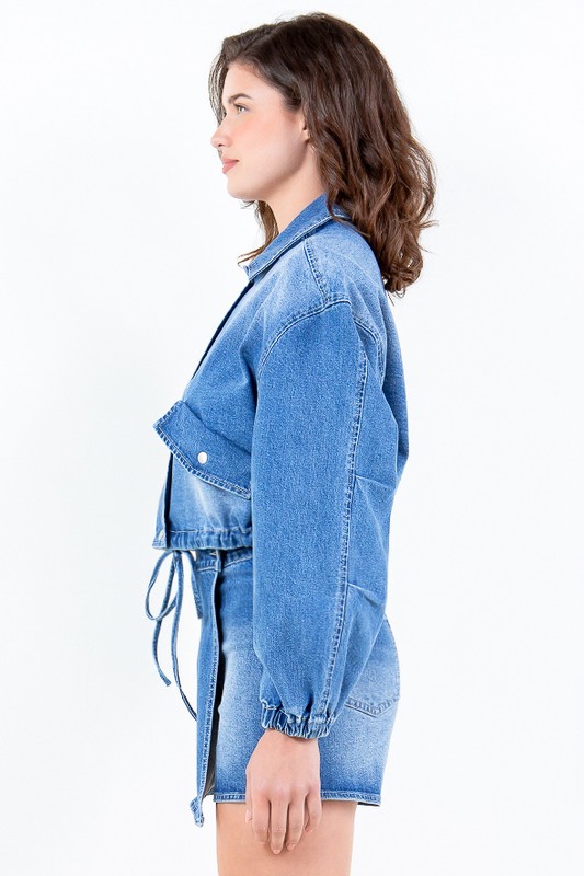 Full Size Drop Shoulder Cropped Denim Jacket with Waist Strap Plus Size