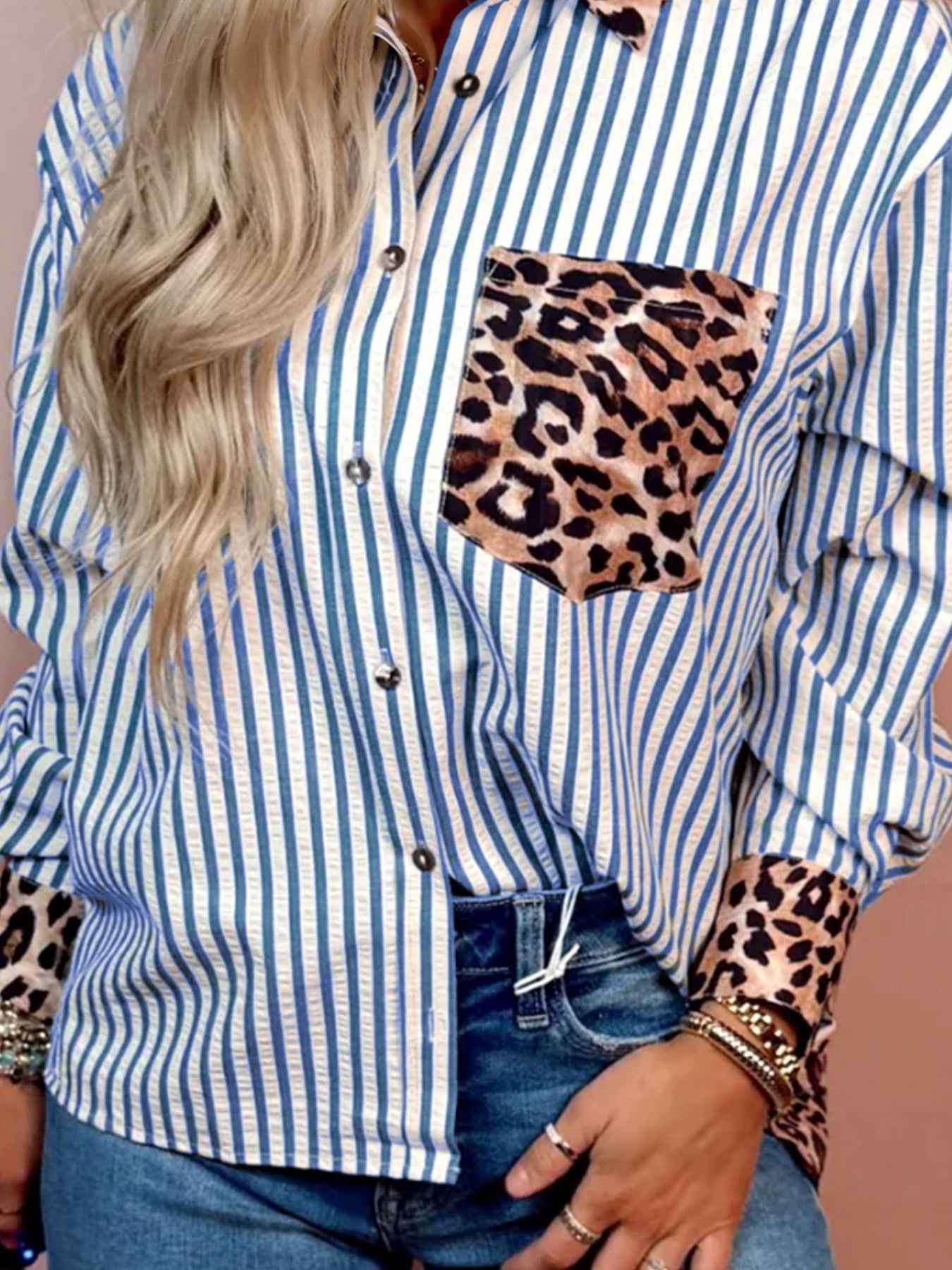 Striped Leopard Print Patchwork Button Up Shirt