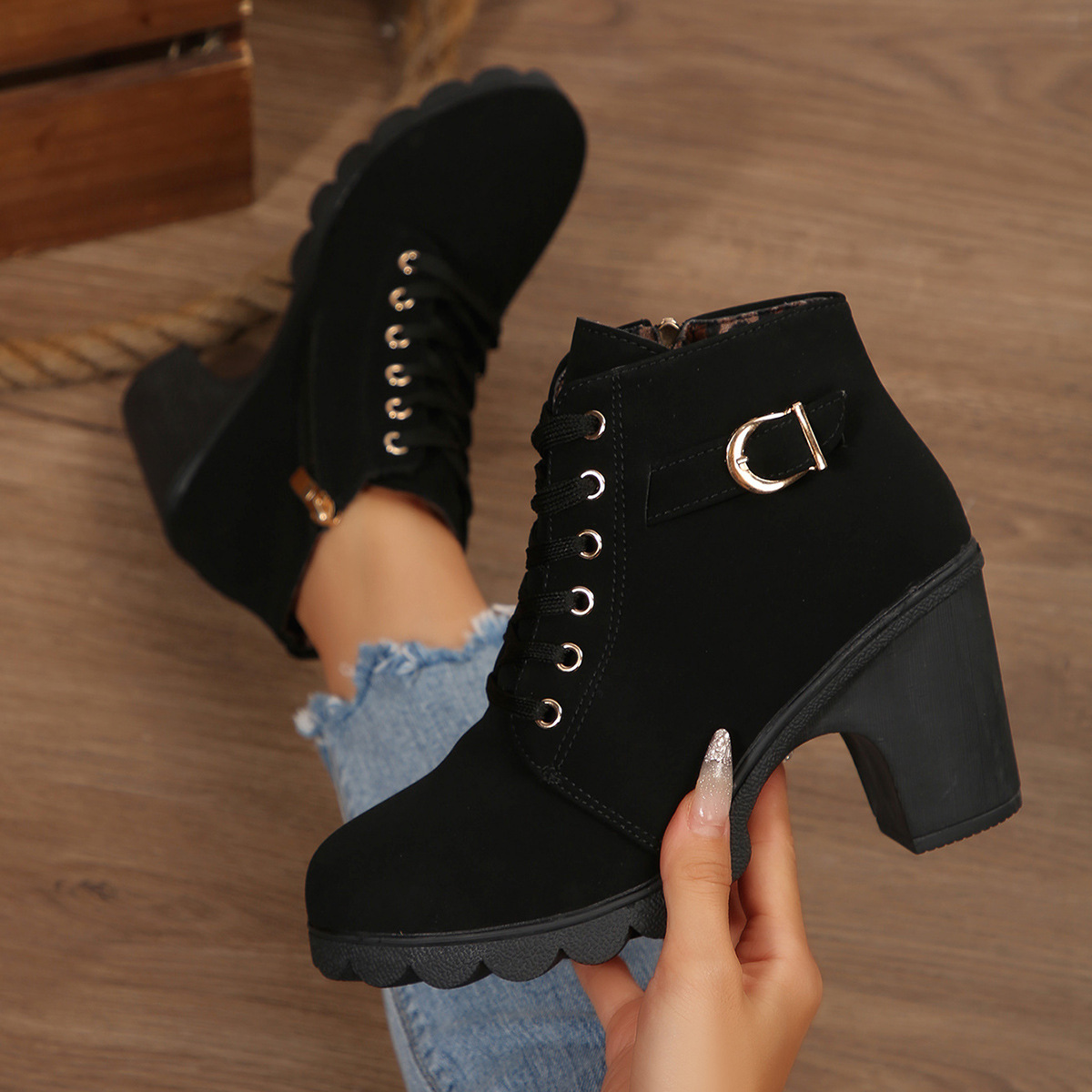 Lace Up Block Heels Boots