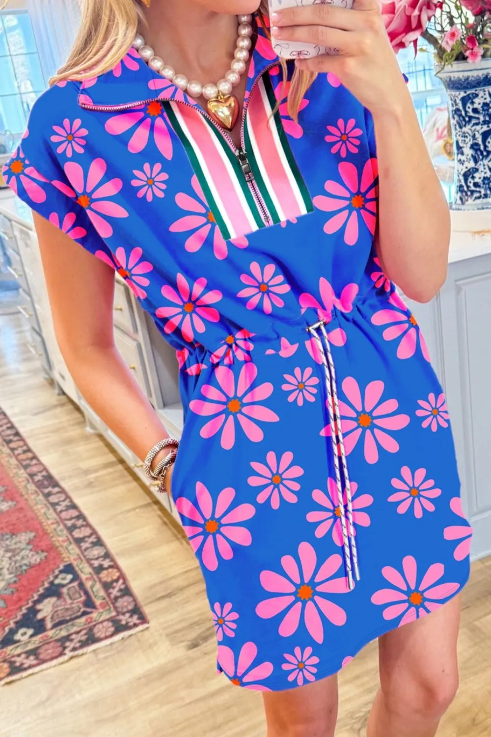 Floral Print Zip Collar Drawstring Summer Mini Dress