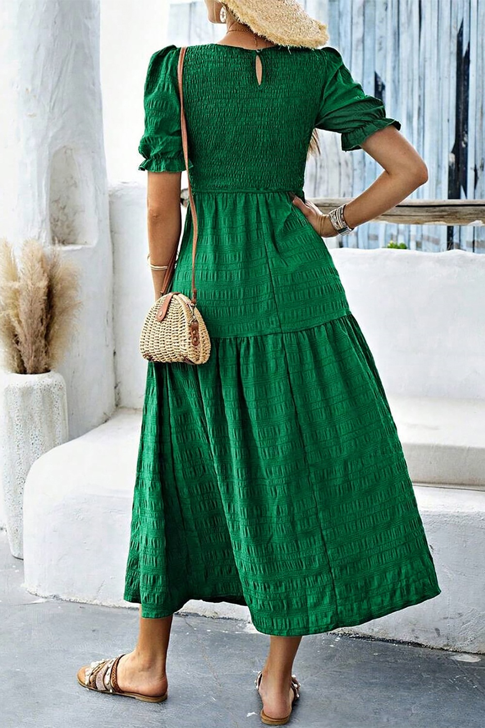 Smocked Puff Sleeve Midi Dress