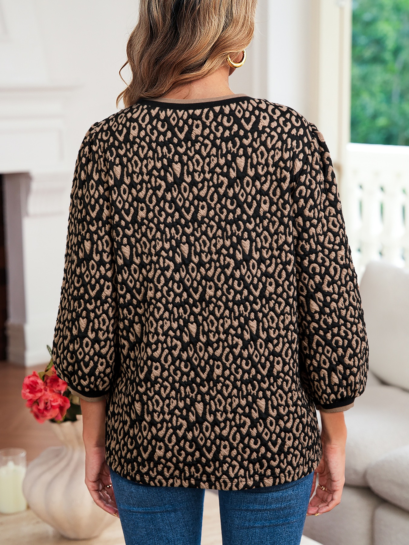 Leopard Print Puffy Bracelet Sleeve Contrast Trim Round Neck Top