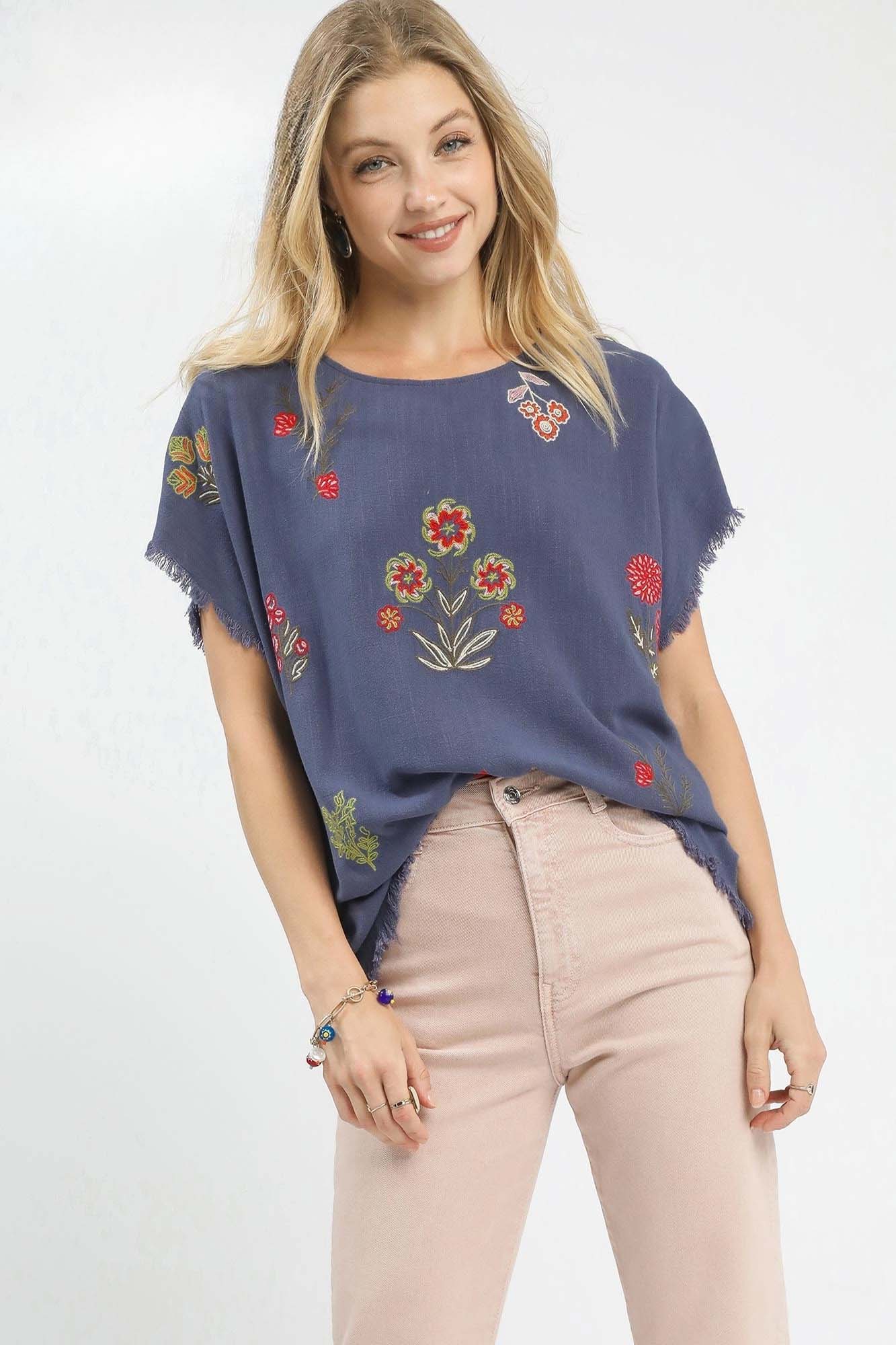 Umgee Linen Blend Embroidered Frayed Hem Top