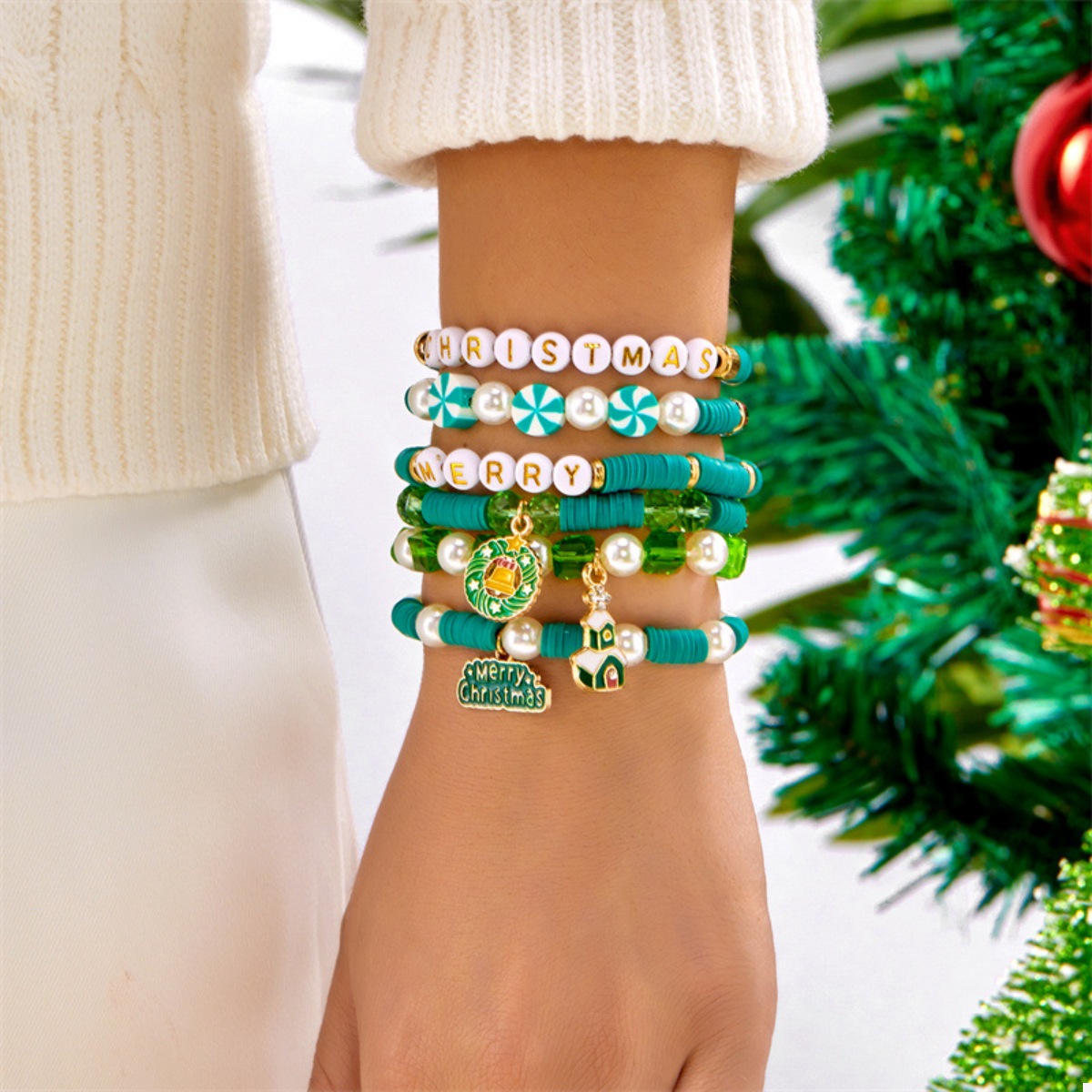 6-Piece Christmas Beaded Bracelet with Pearl Accents