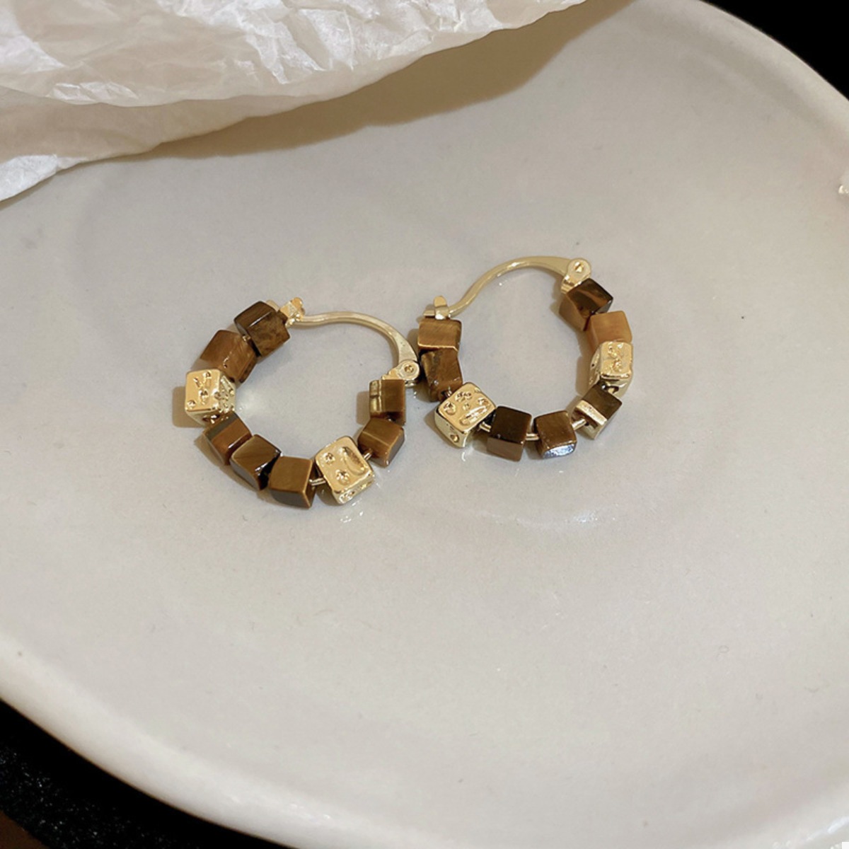 Tiger's Eye 18K Gold-Plated Copper Geometric Earrings