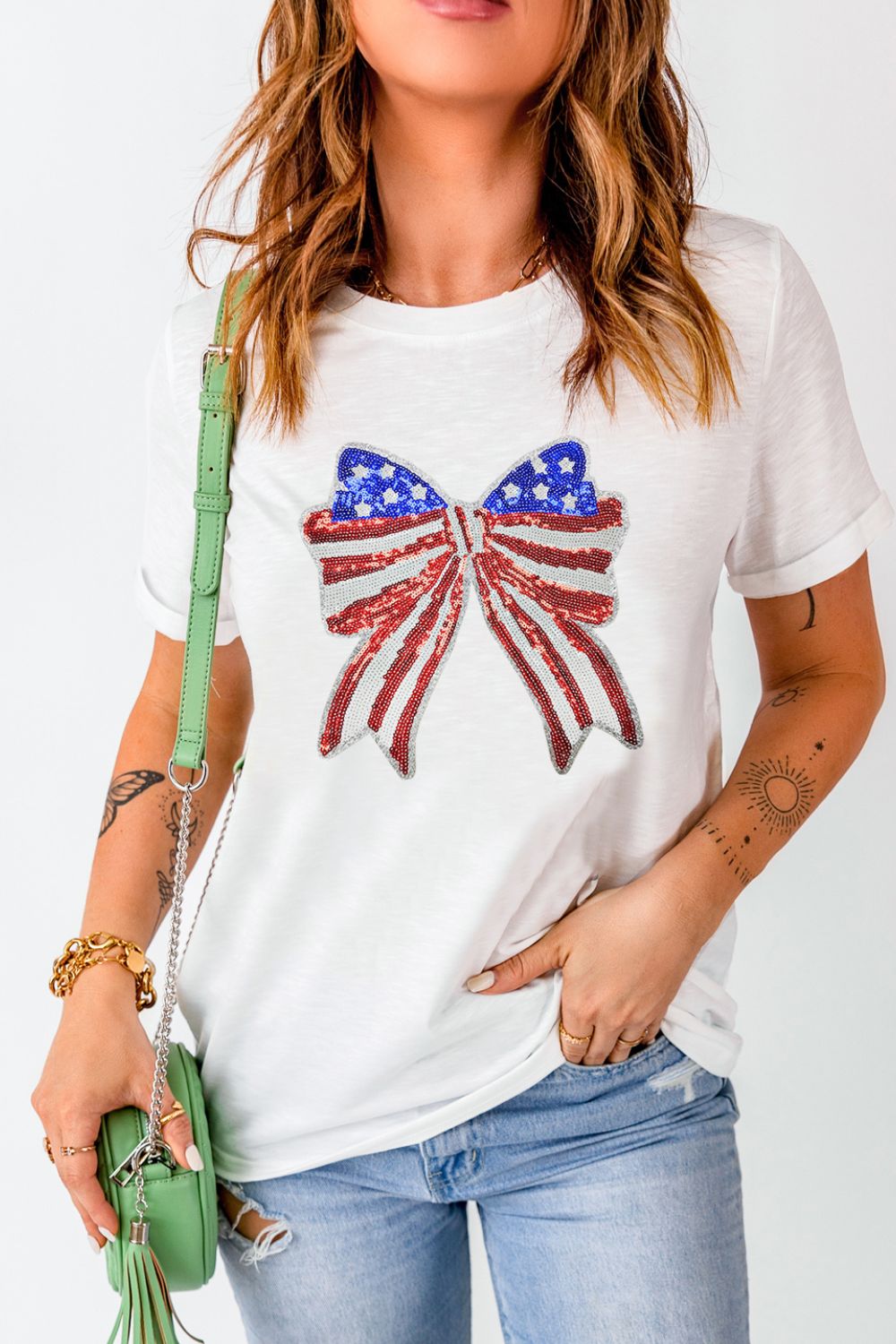 USA Flag Bow Knot Patched Crew Neck T Shirt